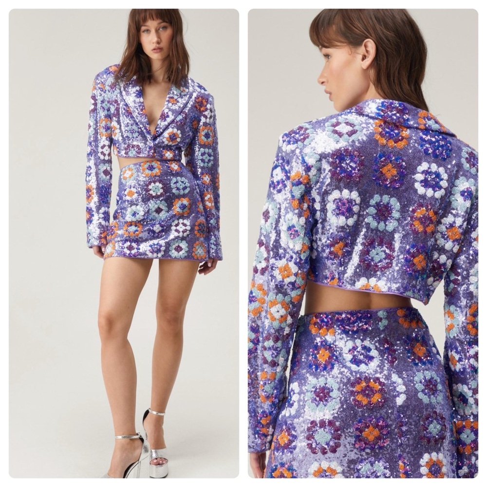 Nasty Gal Premium 70s Floral Sequin Cropped Purple Blazer 12
